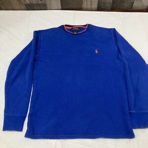 Polo Ralph Lauren Men Blue Waffle Knit Long Sleeve Shirt Crew Neck Orange Trim M